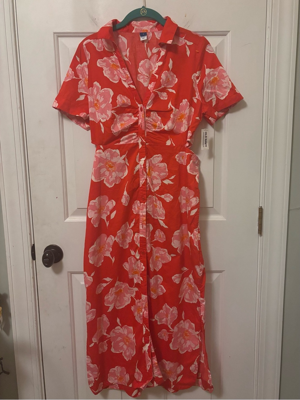 NWT Old Navy Red Maxi Dress with Pink Floral Tropical Print Side Cutouts Size S